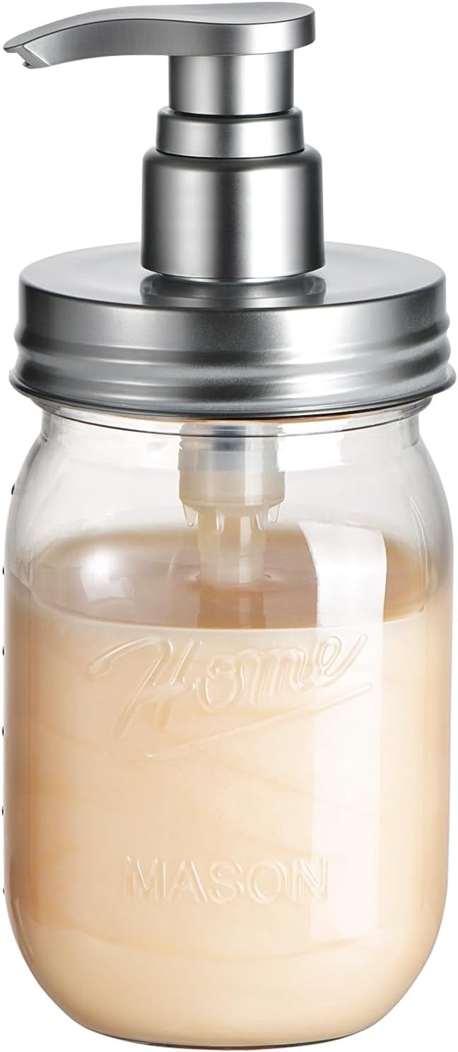 Amolliar Plastic Mason Jar Soap Dispenser with Pump Lid,16OZ Refillable Hand Soap Dispenser Set with Cute Lables - Farmhouse Decor for Kitchen/Bathroom, Liquid Soap, Dish Soap, Lotion (Silver) by Amolliar