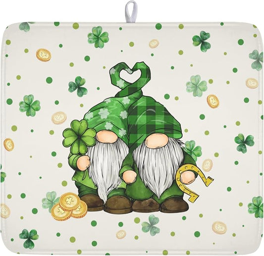 St Patrick's Day Gnome Dish Drying Mat for Kitchen Counter,Inch Lucky Shamrock Gold Coin Drying Mat 16 x 18 Inch with Absorbent Reversible Microfiber Dish Drying Pad for Coffee Bar by Anyako