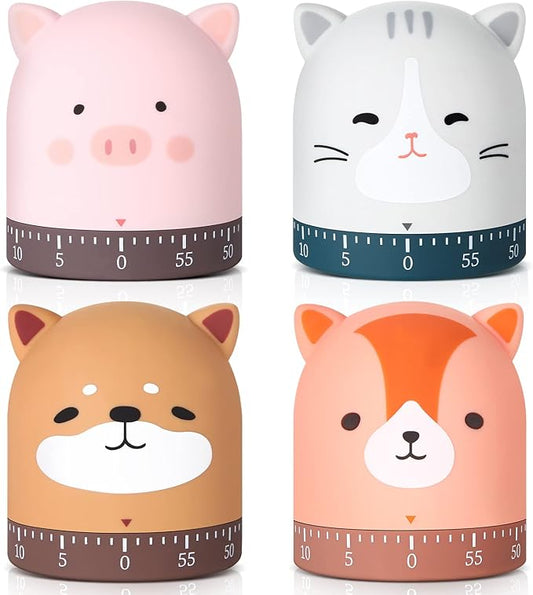 Queekay 4 Pcs Kitchen Cooking Timer Animal Mechanical Timer 60 Minute Wind up Dial 360° Rotating Countdown Egg Reminder No Batteries Loud Ring Cartoon Alarm for Kids Time Management, Fox Pig Cat Dog