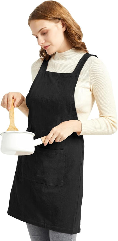 ELEZAY Aprons for Women with Pockets Plus Size Comfort Cross Back No Tie Cotton Linen Apron Pinafore