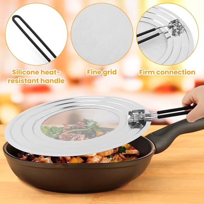 Stainless Steel Splatter Screen for Frying Pan, Collapsible Grease Splatter Guard with Folding Insulated Handle for Fry Pans, Cover Oil Splash from Bacon, Oil or Deep Fryer(SIZE:11.81inch) - Image 3