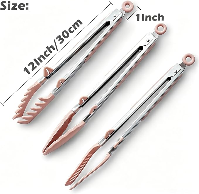 Tongs for Cooking, 12" Kitchen Tongs with Silicone Tips, Food Grade Serving Tongs Set of 3, Pink - Image 4