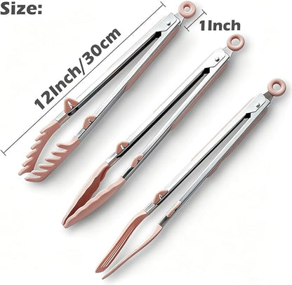 Tongs for Cooking, 12" Kitchen Tongs with Silicone Tips, Food Grade Serving Tongs Set of 3, Pink - Image 4