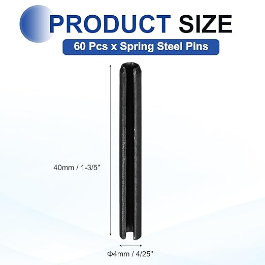 MECCANIXITY 60Pcs Slotted Split Roll Pins 4/25 Inch(4mm) Dia. 1-3/5 Inch(40mm) Length 65Mn Steel Spring Tension Expansion Dowels for Secure Fastening, Black
