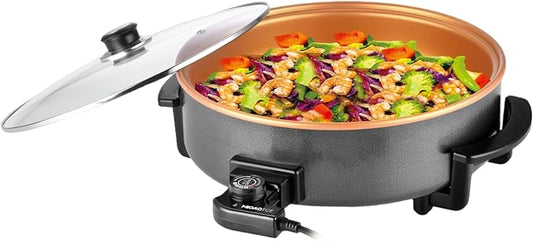 14" Large Electric Skillet with lid, Ceramic Nonstick Coating Electric Frying Pan, 1500W Quick & Even Heating, 5 Adjustable Temperature Control, Tempered Glass Lid & Cool-Touch Handles