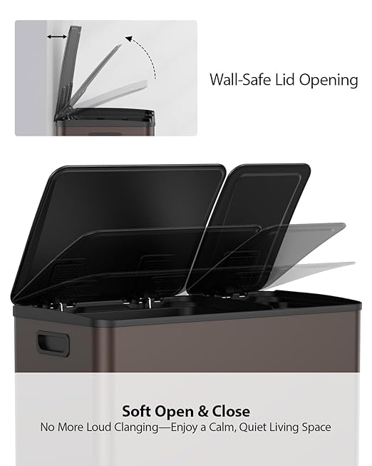 Lovewind Double Trash Can Kitchen, 13+5.5 Gallon Stainless Steel Dual Trash and Recycle Bin Combo with Silent Close Lid, Heavy-Duty Foot Pedal, Easy to Clean Garbage Can for Large Families, Brown