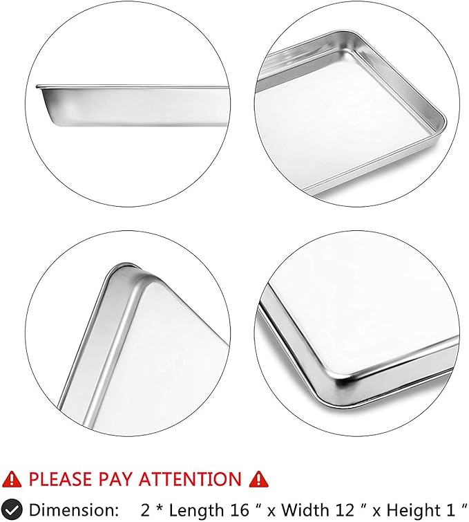 Baking Sheet Set of 2, Stainless Steel 2-Piece Cookie Sheet, Toaster Oven Baking Pan Set, Rectangle Size 16 x 12 x 1 inch, Healthy & Non Toxic, Mirror Finish & Rust Free, Dishwasher Safe - Image 3