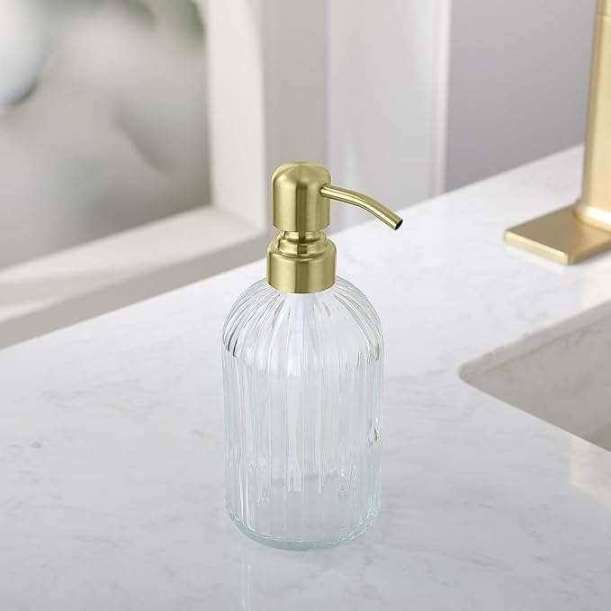 Gold Glass Soap Dispenser with Rust Proof Metal Pump, Vintage & Antique Design, 16oz Clear Glass Dish Soap Dispenser for Bathroom & Kitchen, 2 Packs