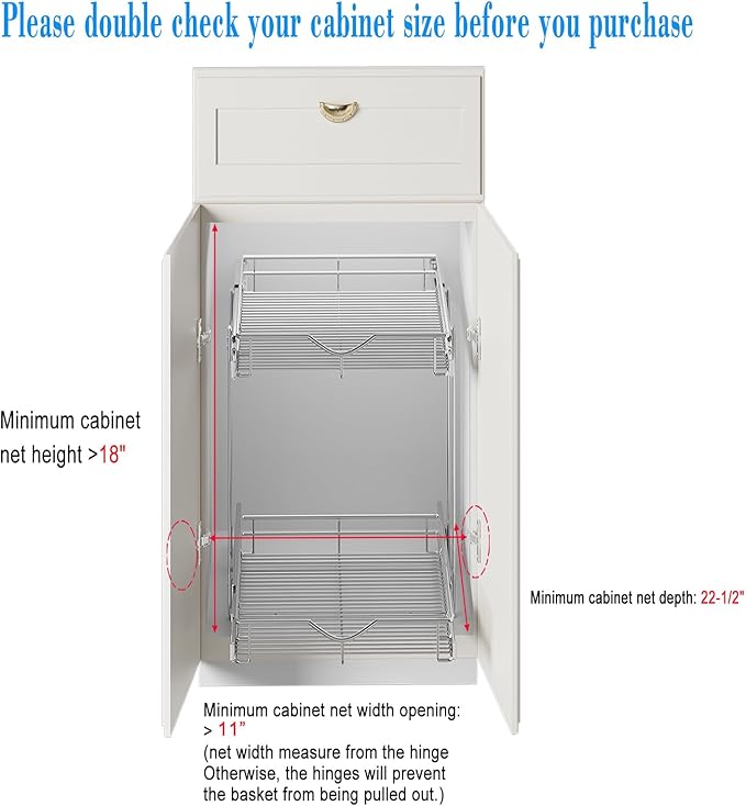 DINDON 2 Tier Pull Out Cabinet Organizer (11"W X 21"D), Double Tier Wire Basket Slide Out Shelf Storage for Kitchen Base Cabinet Organization ​for Kitchen, Pantry, Bathroom, Chrome - Image 3