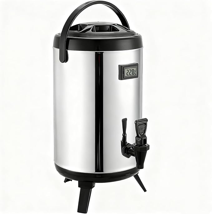 3.2 Gal/12L Non-Electric Insulated Beverage Dispenser, Stainless Steel Thermal Drink Server with Spigot & Temp Display, Hot & Cold Drink Dispenser for Cafes, Restaurants, Parties, Silver