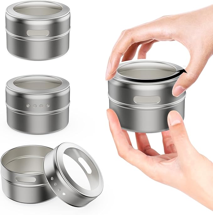 Vetacsion Set of 16 Magnetic Spice Tins with 4 Metal Wall-Plates,100 Preprinted Seasoning Label Stickers,2 Styles for 3 oz Herb Jars - Image 4