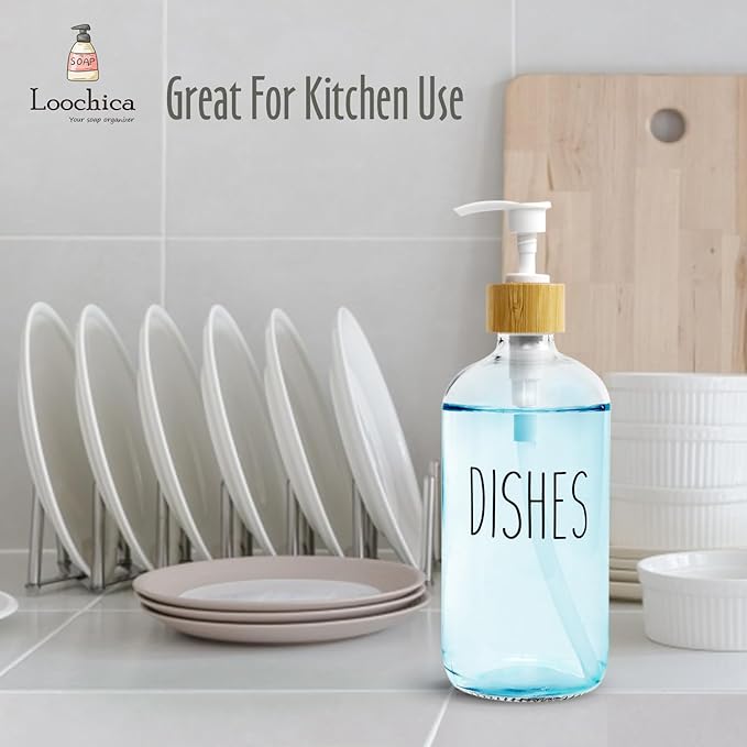 LOOCHICA Dish Clear Glass Soap Dispenser with Plastic Pump, 16 Oz Transparent Dish Soap Dispenser Set Refillable Reusable Apothecary Soap Pump Dispenser Bottles for Bathroom and Kitchen - Image 7