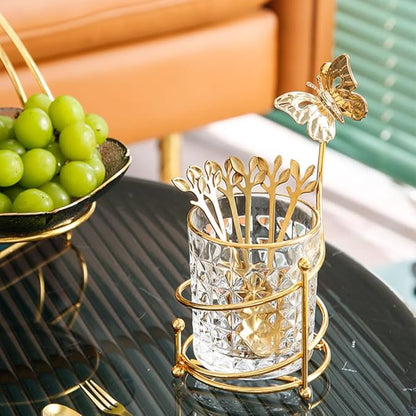 6PCS Coffee Spoons Set with Glass Holder,Small Stainless Steel Gold Tea Spoon,Mini Dessert Spoons Set for Fruit,Stirring, Mixing, Sugar, Ice Cream, Cake (6 x Spoons)