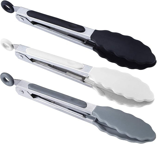 MSY BIGSUNNY Kitchen Food Tongs - 7" Mini Silicone Serving Tongs for Appetizers - Set of 3 (Black White Gray)