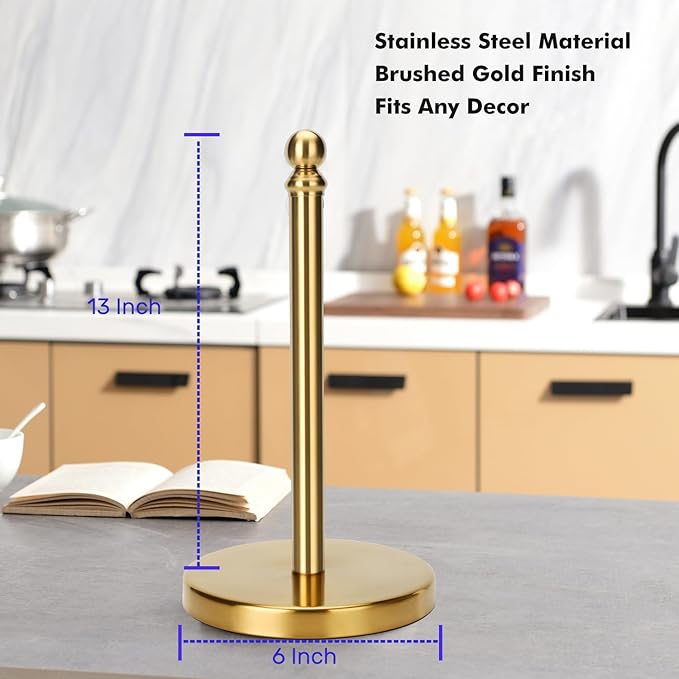 Gold Paper Towel Holder Countertop, Standing Paper Towel Roll Holder for Kitchen Bathroom, with Weighted Base for One-Handed Operation (Gold) - Image 3