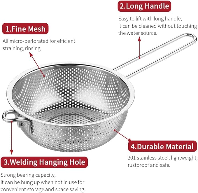 Stainless Steel Colander Fine Mesh Colander with Long Handle, Kitchen Metal Food Strainers with Resting Feet for Strain, Rinse, Fry, Steam or Cook Vegetables & Pasta & Wash fruits(COLOR:silver) - Image 3