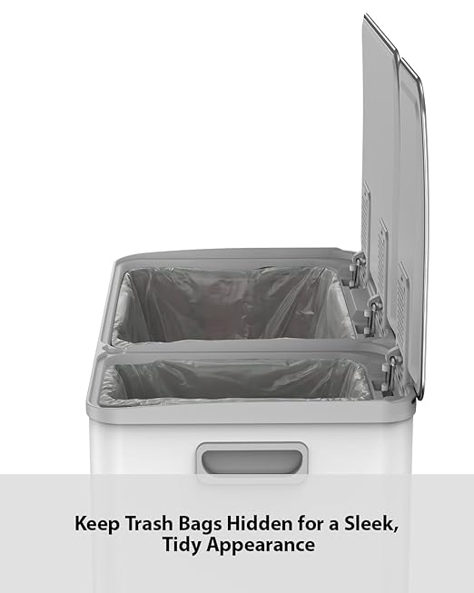 Lovewind Double Trash Can Kitchen, 13+5.5 Gallon Stainless Steel Dual Trash and Recycle Bin Combo with Silent Close Lid, Heavy-Duty Foot Pedal, Easy to Clean Garbage Can for Large Families, White