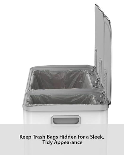 Lovewind Double Trash Can Kitchen, 13+5.5 Gallon Stainless Steel Dual Trash and Recycle Bin Combo with Silent Close Lid, Heavy-Duty Foot Pedal, Easy to Clean Garbage Can for Large Families, White