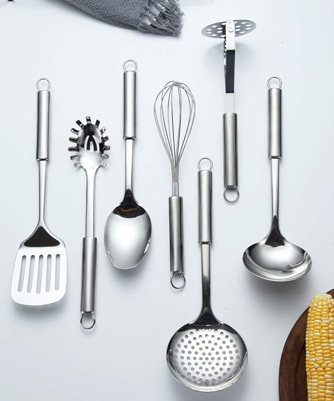 Berglander Cooking Utensil Set 8 Piece, Stainless Steel Kitchen Tool Set with Stand,Cooking Utensils, Slotted Tuner, Ladle, Skimmer, Serving Spoon, Pasta Server,Potato Maseher, Egg Whisk. （8 Pieces） - Image 7