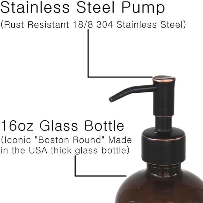 2 Pack Thick Amber Glass Pint Jar Soap Dispenser with Oil Rubbed Bronze Stainless Steel Pump, 16ounce Boston Round Bottles Dispenser with Rustproof Pump for Essential Oil, Lotion Soap - Image 3