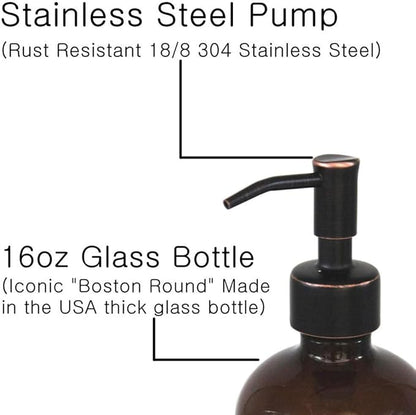 2 Pack Thick Amber Glass Pint Jar Soap Dispenser with Oil Rubbed Bronze Stainless Steel Pump, 16ounce Boston Round Bottles Dispenser with Rustproof Pump for Essential Oil, Lotion Soap - Image 3