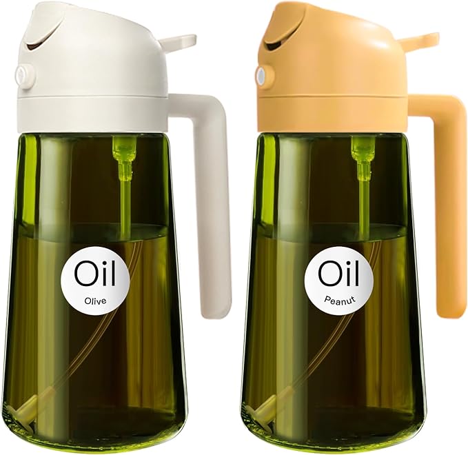 YARRAMATE 2PCS 16oz/470ml Oil Sprayer for Cooking with Stickers, Food-Grade 2 in 1 Olive Oil Dispenser Bottle for Kitchen, Premium Dark Green Glass Oil Bottle for Air Fryer, BBQ(White & Orange) by YARRAMATE