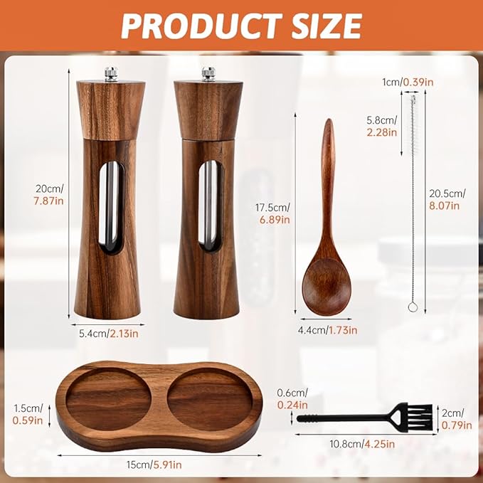 2Pack Wooden Salt and Pepper Grinder Set, 8-Inch Refillable Manual Salt and Pepper Mills with Clear View Window, Wood Shakers with Ceramic Grinder & Wooden Stand, Adjustable Coarseness
