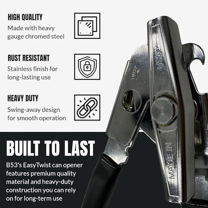 EasyTwist Heavy-Duty Manual Swing Away Can Opener with Carbon Steel Cutting Blade by B53 – Made in the USA – Comfortable Grip, Smooth Operation, Rust-Resistant, Ideal for Home or Commercial Kitchens