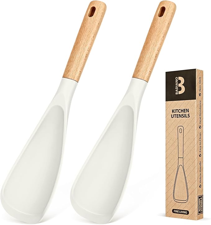 Cooking Spoon for Nonstick Cookwares, Great for Cooking and Serving Sturdy BPA-Free Matte Silicone, Wood Handle Spoon for Mixing, Scoop, and Scrape (2 Pack of White, 11.4 inch) by BADIANO
