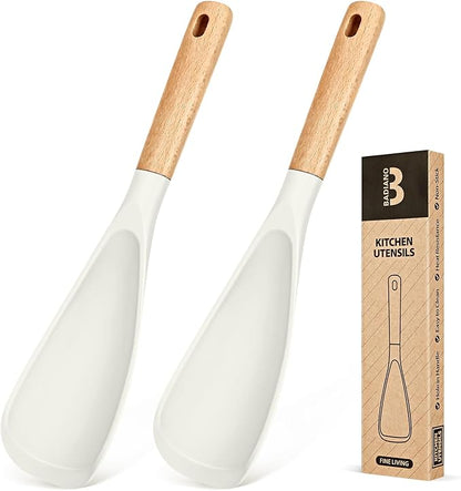 Cooking Spoon for Nonstick Cookwares, Great for Cooking and Serving Sturdy BPA-Free Matte Silicone, Wood Handle Spoon for Mixing, Scoop, and Scrape (2 Pack of White, 11.4 inch) by BADIANO