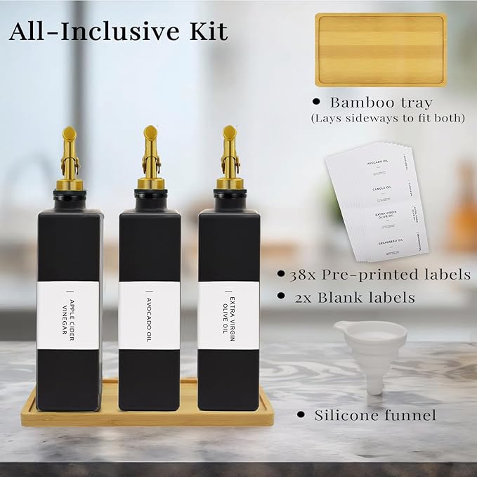 Olive Oil Dispenser Bottle for Kitchen with Bamboo Tray- Glass Oil and Vinegar Dispenser Set 16.9oz, Soy Sauce & Syrup Bottle, Modern Hostess Gift (Black, 16.9oz, Set of 3) - Image 6