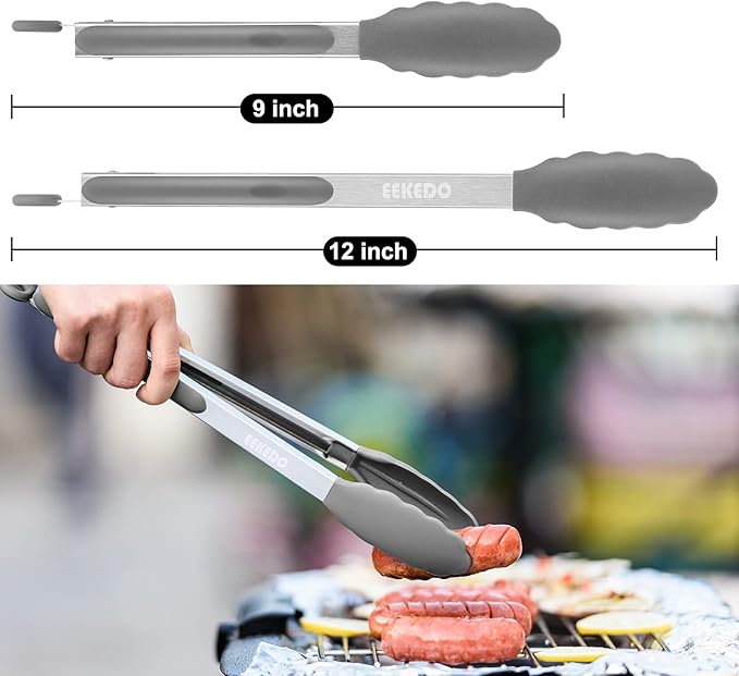 Tongs for Cooking, 600ºF High Heat-Resistant Stainless Steel Kitchen Tongs with Silicone Tips, Non Scratch, Locking Tong for BBQ Grilling Air Fryer Food Salads, Set of 2 (9" and 12") Light Grey - Image 6
