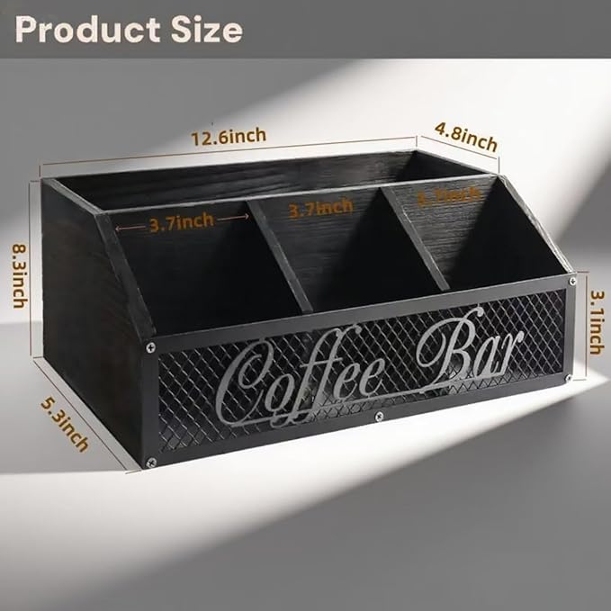 Coffee Station Organizer, Rustic Countertop Coffee Bar Accessories, 4 Compartments for Pods, Syrup, Stirrer, Tea Bags - Coffee Condiment Station Storage for Home and Office - Black - Image 2