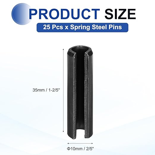 MECCANIXITY 25Pcs Slotted Split Roll Pins 2/5 Inch(10mm) Dia. 1-2/5 Inch(35mm) Length 65Mn Steel Spring Tension Expansion Dowels for Secure Fastening, Black