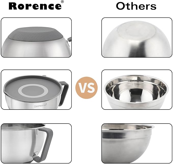 Rorence Mixing Bowls Set: Stainless Steel Non-Slip Bowls with Pour Spout, Handle and Lid - Set of 3 - Gray - Image 6