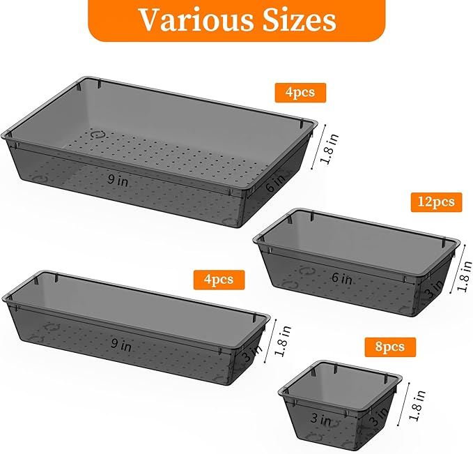 StorMiracle 32 PCS Clear Plastic Drawer Organizer Set, 4-Size vanity organizer Trays and Storage Bins for Makeup, Jewelry and Gadgets in Bedroom, Bathroom and Office, Clear Black - Image 3