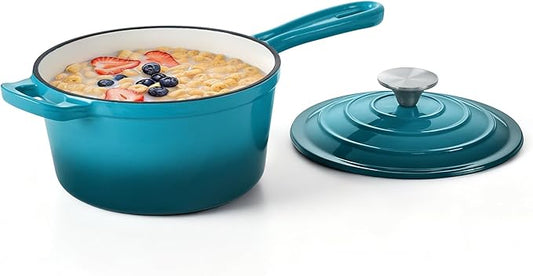 Homikit Cast Iron Sauce Pan, 2 Quart Enameled Cast Iron Saucepan with Lid for All Cooktops, Small Pot Dutch Oven for Kitchen Cooking, Boiling, Nonstick & Heavy Duty, Teal Ombre