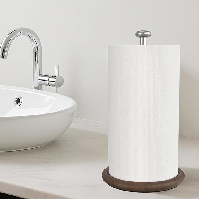 VEHHE Wooden Paper Towel Holder Countertop with Weighted Base, One-Handed Tear Paper Towel Holder Stand with Damping Function and EVA Non-Slip Pad, for Kitchen Bathroom Farmhouse - Image 8
