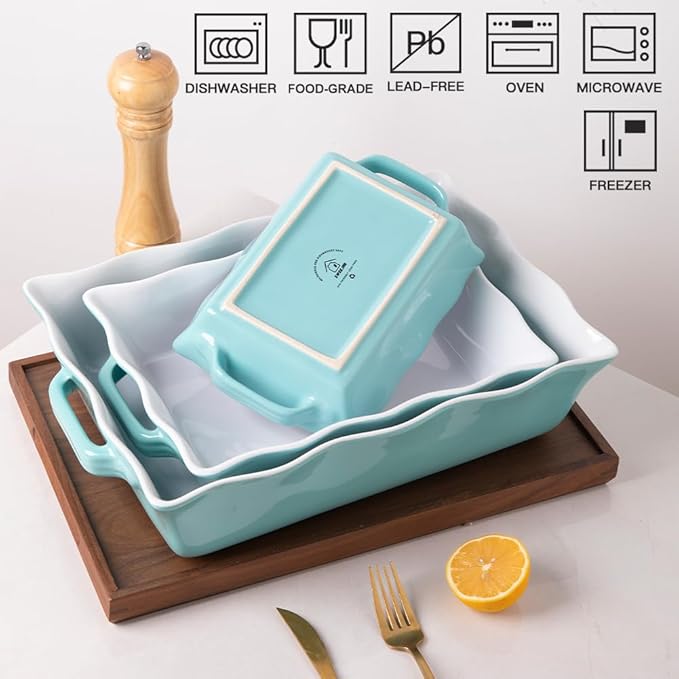 Sweejar Casserole Dishes for Oven, Ceramic Bakeware Set of 3, Rectangular Baking dish with Handles, Wave Edge Lasagna Pan Deep for Cooking, Cake, Dinner, Banquet and Daily Use (Turquoise) - Image 5