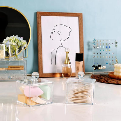 SheeChung 2-Pack Modern Square Acrylic Qtip Holder - Clear Apothecary Jars with Lids - Bathroom Vanity Storage Canister - Shatterproof Square Organizers for Cotton Swabs, Pads-Modern Minimalist Decor