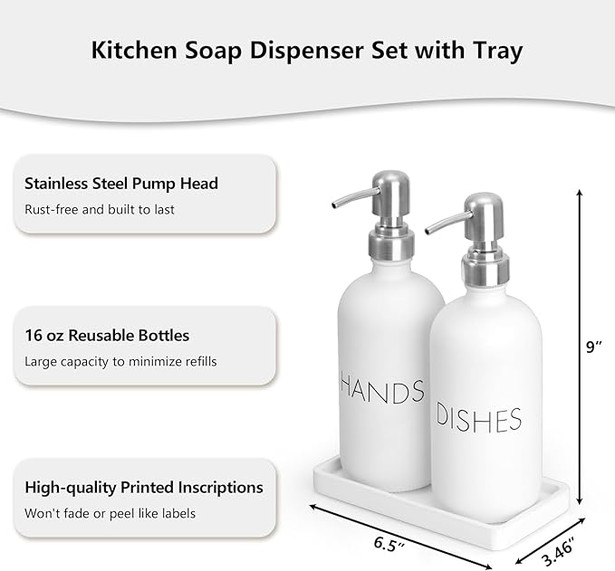 White Dish and Hand Soap Dispenser Set - Glass Kitchen Soap Dispenser with Tray and Stainless Steel Pump - for White Kitchen Decor and Accessories