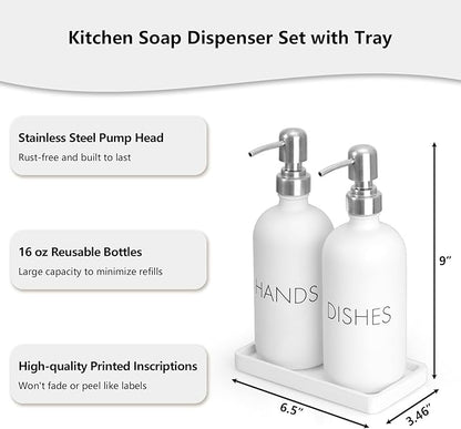 White Dish and Hand Soap Dispenser Set - Glass Kitchen Soap Dispenser with Tray and Stainless Steel Pump - for White Kitchen Decor and Accessories