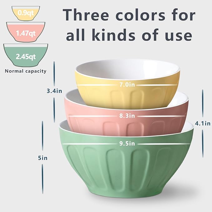 Lareina Ceramic Mixing Bowls Set of 3, Large Nesting Bowls for Serving/Baking/Prepping, Mother's Day & Housewarming/Wedding Gift, Oven/Microwave/Dishwasher Safe 3.2/1.7/1.2 Qt, Pastel Color - Image 2