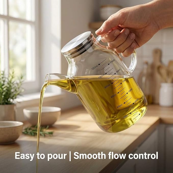 QWORK 1200ML/40Oz Large Glass Cooking Oil Bottle with Stainless Steel Lid, Oil & Vinegar Dispenser Bottle for Olive Oil, Vinegar, Soy Sauce, Kitchen No Drip Liquid Container - Image 3