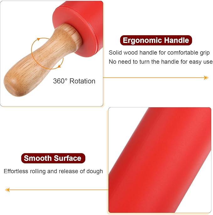 HARFINGTON Silicone Rolling Pins for Baking 9 Inch Wooden Handle Non Stick Rolling Pin Small Roller Playdough Rolling Pins for Dough Pizza Pastry Fondant Kitchen, Red