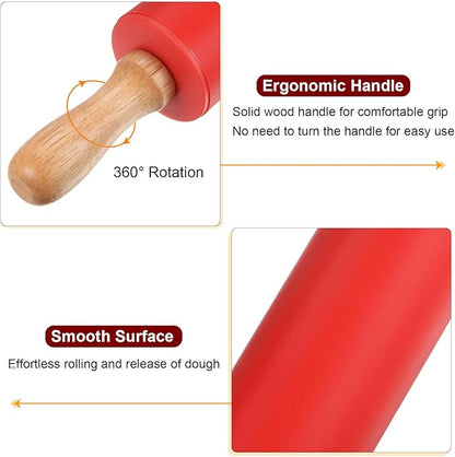 HARFINGTON Silicone Rolling Pins for Baking 9 Inch Wooden Handle Non Stick Rolling Pin Small Roller Playdough Rolling Pins for Dough Pizza Pastry Fondant Kitchen, Red