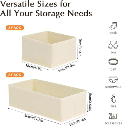 DIMJ Drawer Organizers Clothes, Set of 16 Dresser Organizer Bins, Fabric Closet Organizers and Storage, Shallow Drawer Dividers for Nursery, Clothing, Baby Clothes, Socks, Underwears, Tie (Beige) - Image 2