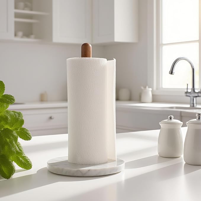 Acacia Wood & Marble Paper Towel Holder – Freestanding Paper Towel Holder for Countertop, Weighted for One-Handed Use, for Kitchen, Bathroom, Office - Image 2