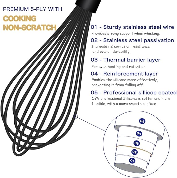 OYV Dishwasher Safe Silicone Whisk, Sealed Waterproof Design Set of 3, Professional Kitchen Whisks for Cooking Non-Scratch, Silicone & Stainless Steel Whisk, Heat Resistant Balloon Egg Beater, Black - Image 3