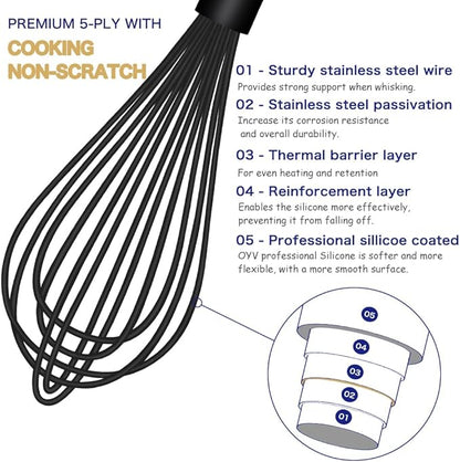 OYV Dishwasher Safe Silicone Whisk, Sealed Waterproof Design Set of 3, Professional Kitchen Whisks for Cooking Non-Scratch, Silicone & Stainless Steel Whisk, Heat Resistant Balloon Egg Beater, Black - Image 3